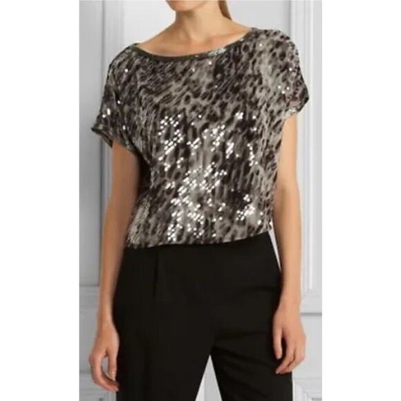 BCBGMAXAZRIA BLACK‎ COMBO CHIFFON SEQUIN TOP Blouse SIZE Medium EUC - Picture 1 of 7